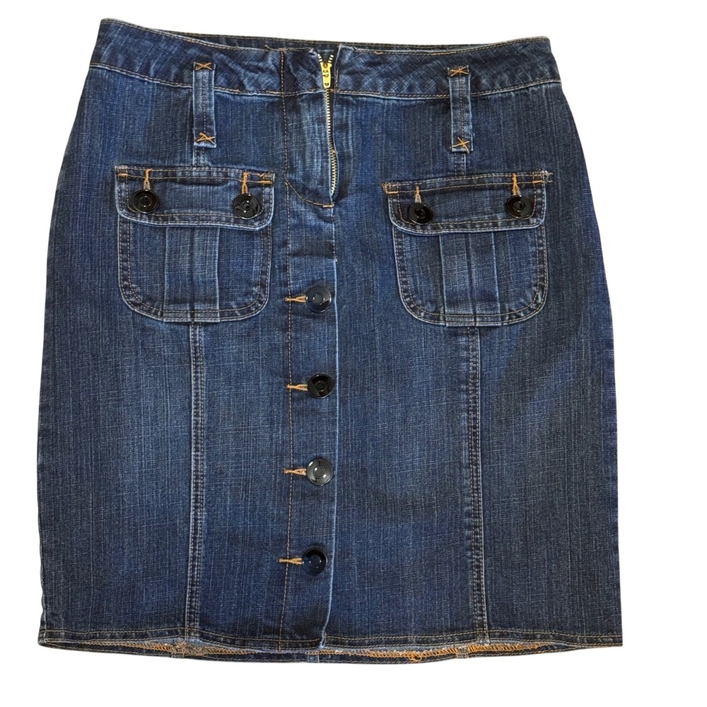 Willi‎ Smith Womens Dark Wash Denim Button Front Cargo Mini Skirt Size 4 Blue